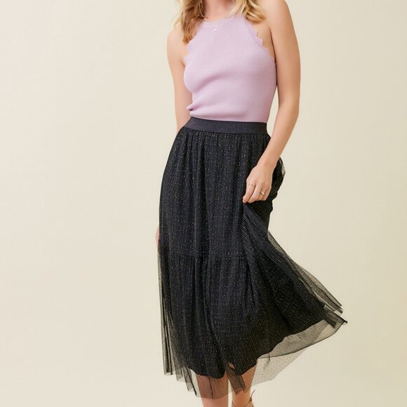 MYSTREE Black Sparkle Mesh Midi Skirt | Shimmer Tiered Tulle | Boutique Trendy - Picture 3 of 8